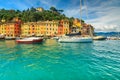 Portofino panorama,luxury harbor and colorful houses,Liguria,Italy,Europe