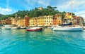 Portofino panorama,luxury harbor and colorful houses,Liguria,Italy,Europe