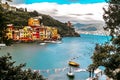 Portofino village and harbor long exposure panorama, Liguria