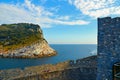 Portovenere, Italy View of Portovenere beach and Palmaria island from the Church of Saint Peter and old medieval castle. Liguria Royalty Free Stock Photo