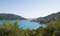 Portovenere, Liguria, Italy. June 2020. Sea view from the village hill: a magnificent view of the bay crossed by numerous boats of