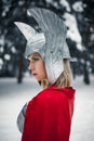 Portrain of woman in image of Germanic-Scandinavian God of thunder and storm. Royalty Free Stock Photo