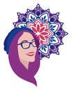 Portraint of happy european woman with lilac hair in glasses on round pattern ornament