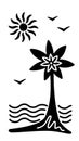 Stylized tropical seascape. Palma, beach, sun, sea and gulls. Vector graphics. Royalty Free Stock Photo