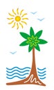 Stylized tropical seascape. Palma, beach, sun, sea and gulls. Vector graphics. Royalty Free Stock Photo