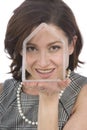 Portrait of 40s woman with a transparent house Royalty Free Stock Photo