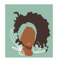 Portrait of abstract young girl black skin, floral doodle element, vector flat illustration. Trendy art minimal poster print.
