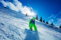 Portrait of an active boy move fast on snowboard Royalty Free Stock Photo