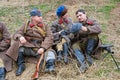 Portrait of actors dressed as Russian Soviet soldier of World War II in military-historical reconstruction in Volgograd