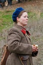 Portrait of actress dressed as russian Soviet soldier of World War II in military-historical reconstruction in Volgograd.