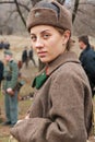 Portrait of actress dressed as Russian Soviet soldier of World War II in military-historical reconstruction in Volgograd.