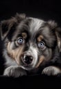 Portrait of an adorable blue-eyed puppy against a black background, AI-generated.