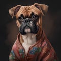 Portrait of an adorable boxer dog in a red jacket with a floral pattern.