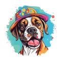 Portrait of adorable boxer dog wearing colorful hat on white background. Colorful watercolor. Royalty Free Stock Photo