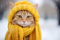 Portrait of an adorable cat dressed in a warm yellow hat and scarf. Cold winter season