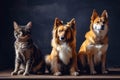 portrait of adorable cat and two dogs together. animal friendship. generative AI Royalty Free Stock Photo