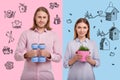 Portrait of adorable couple holding with hand weights and a plant