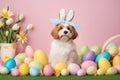 Portrait of adorable dog wearing an easter bunny costume with bunny ears surrounded by easter eggs Royalty Free Stock Photo