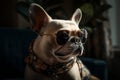 Portrait of Adorable French Bulldog Wearing Sunglasses. Cool dogs fashion pose. Generative AI. Royalty Free Stock Photo