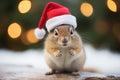 Portrait of an adorable festive Christmas chipmunk wearing a Santa hat in a winter landscape