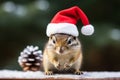 Portrait of an adorable festive Christmas chipmunk wearing a Santa hat in a winter landscape