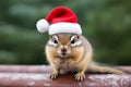 Portrait of an adorable festive Christmas chipmunk wearing a Santa hat in a winter landscape