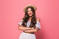 Portrait of adorable glamour woman 20s wearing straw hat smiling