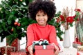 Portrait of adorable happy smiling African American girl child with black curry hair holding Christmas present gift box under Royalty Free Stock Photo
