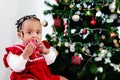 Portrait of adorable happy smiling African American little girl child holding small gift box present under Christmas tree on in Royalty Free Stock Photo