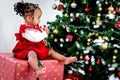 Portrait of adorable happy smiling African American little girl child sitting on big gift box present under Christmas tree in Royalty Free Stock Photo