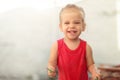 Portrait of adorable little caucasian girl showing front teeth with big smile, Healthy happy funny smiling face young adorable lov Royalty Free Stock Photo