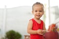 Portrait of adorable little caucasian girl showing front teeth with big smile, Healthy happy funny smiling face young adorable lov Royalty Free Stock Photo