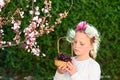 Portrait adorable little girl with basket of the fruits outdoor. Summer or Autumn. Harvest. Shavuot. Royalty Free Stock Photo