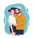 Portrait of adorable man and woman in trendy outfits standing together and hugging. Cute modern couple. Cartoon