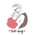 Portrait of adorable pair of old man and woman cuddling. Drawing of loving elderly couple and Just Hug lettering