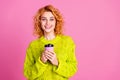 Portrait of adorable pretty woman wear trendy green lime clothes hands hold cup tasty coffee  on pink color Royalty Free Stock Photo