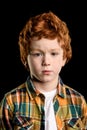 Portrait of adorable serious redhead boy looking at camera