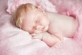 Portrait of adorable sleeping baby girl over pink, infant child. Royalty Free Stock Photo