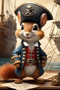 Portrait adorable squirrel dress like a pirate with pirate ship at the background, fairy tale, cinematic