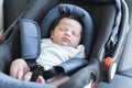 Portrait of adorable less than one month old newborn baby girl sleeping in the modern car seat with fastening safety belt. Royalty Free Stock Photo