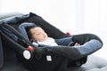 Portrait of adorable less than one month old newborn baby girl sleeping in the modern car seat with fastening safety belt. Royalty Free Stock Photo