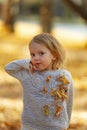 Portrait of adorable toddler girl in autumn leaves on a beautiful fall day Royalty Free Stock Photo