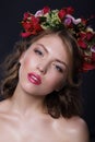 Portrait of Adorable Woman with Garland of Flowers