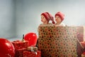 Portrait of adroable twin-elves among huge Christmas presents Royalty Free Stock Photo