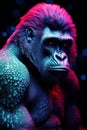 Portrait of an adult gorilla with bright pink and blue colors, AI-generated.