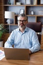 Portrait of adult gray-haired bearded businessman working with laptop at home office. Texting messages, doing paperwork Royalty Free Stock Photo