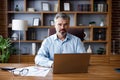 Portrait of adult gray-haired bearded businessman working with laptop at home office. Texting messages, doing paperwork Royalty Free Stock Photo