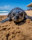 Portrait of adult leatherback female turtle, front flippers digging a deep hole on golden sand beach