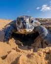 Portrait of adult leatherback female turtle, front flippers digging a deep hole on golden sand beach