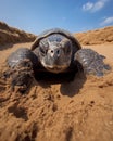 Portrait of adult leatherback female turtle, front flippers digging a deep hole on golden sand beach